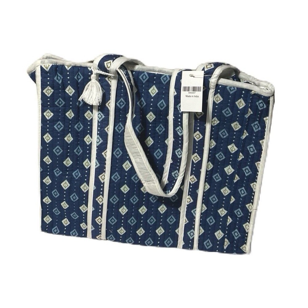 Blue Quilted Cotton & Polyester Tote Bag